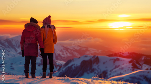 Couple Enjoying Sunset in Snowy Mountains, Couple of man and woman hikers on top of a mountain in winter at sunset or sunrise, together enjoying their climbing success and the breathtaking view.