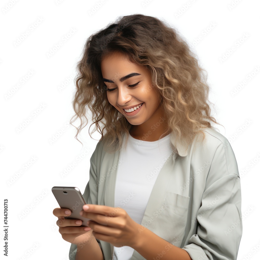 Smiling Woman on White Background Using Smartphone UHD Stock Photo Smiling Woman on White Background Using Smartphone UHD Stock Photo