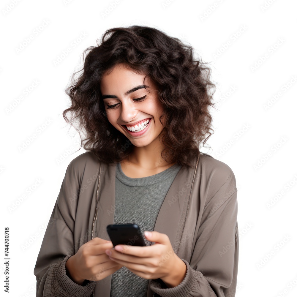 Smiling Woman on White Background Using Smartphone UHD Stock Photo Smiling Woman on White Background Using Smartphone UHD Stock Photo