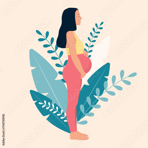 Pregnant young woman hugging her belly Contemporary illustration about pregnancy and motherhood.