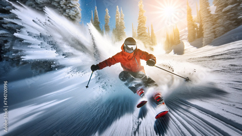 Skier in action carving through fresh snow, sunburst through pine trees on a mountain slope, winter sports excitement concept
