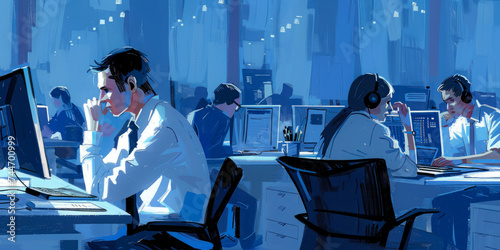 Graphic Illustration Of An Office With Workers And Computers For Wallpaper Created Using Artificial Intelligence