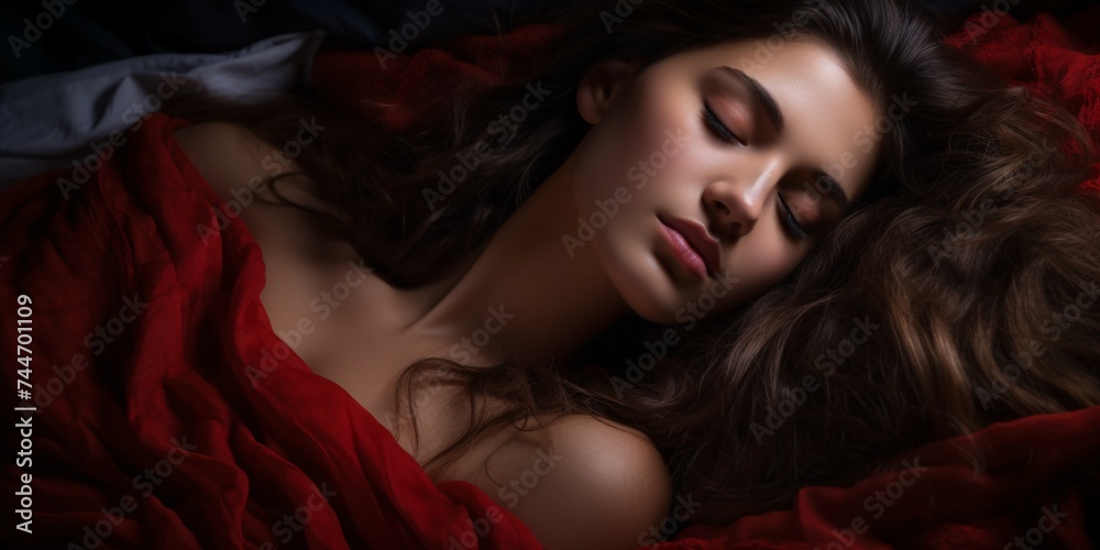 Fototapeta premium Gorgeous young lady dozing in bed during the night.