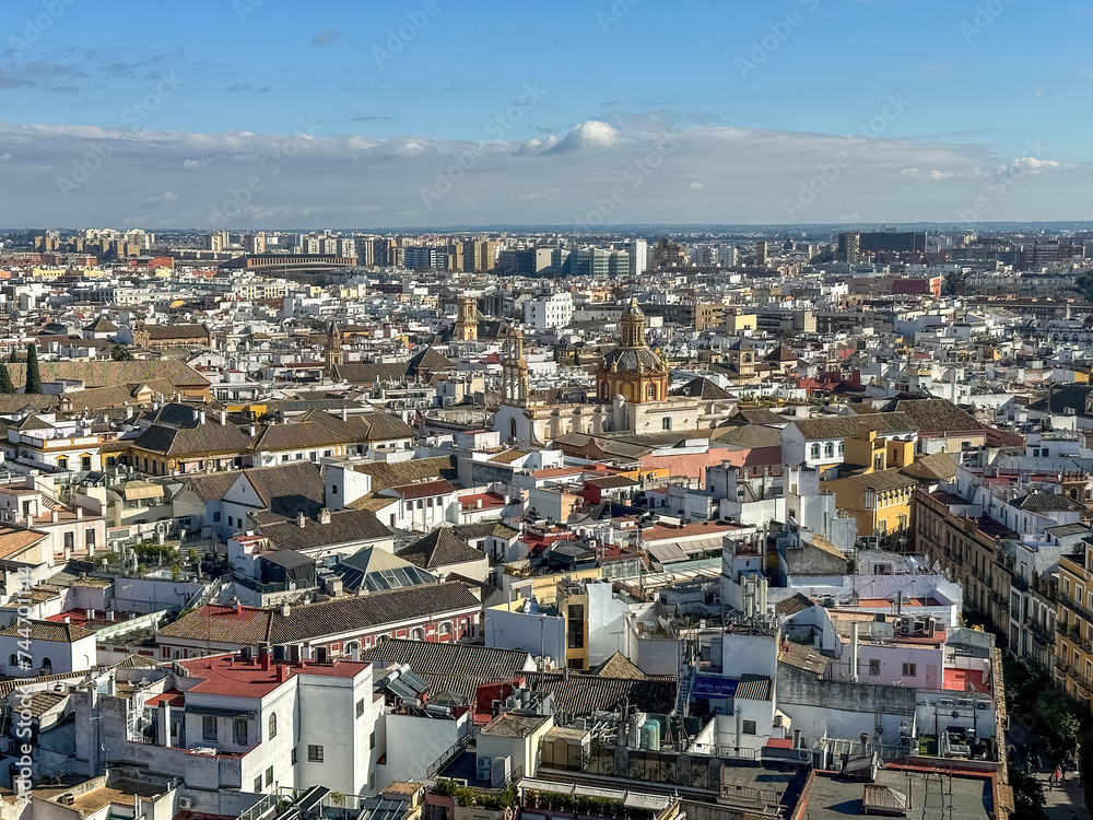 Aerial view of Seville cityscape and skyline, Spain