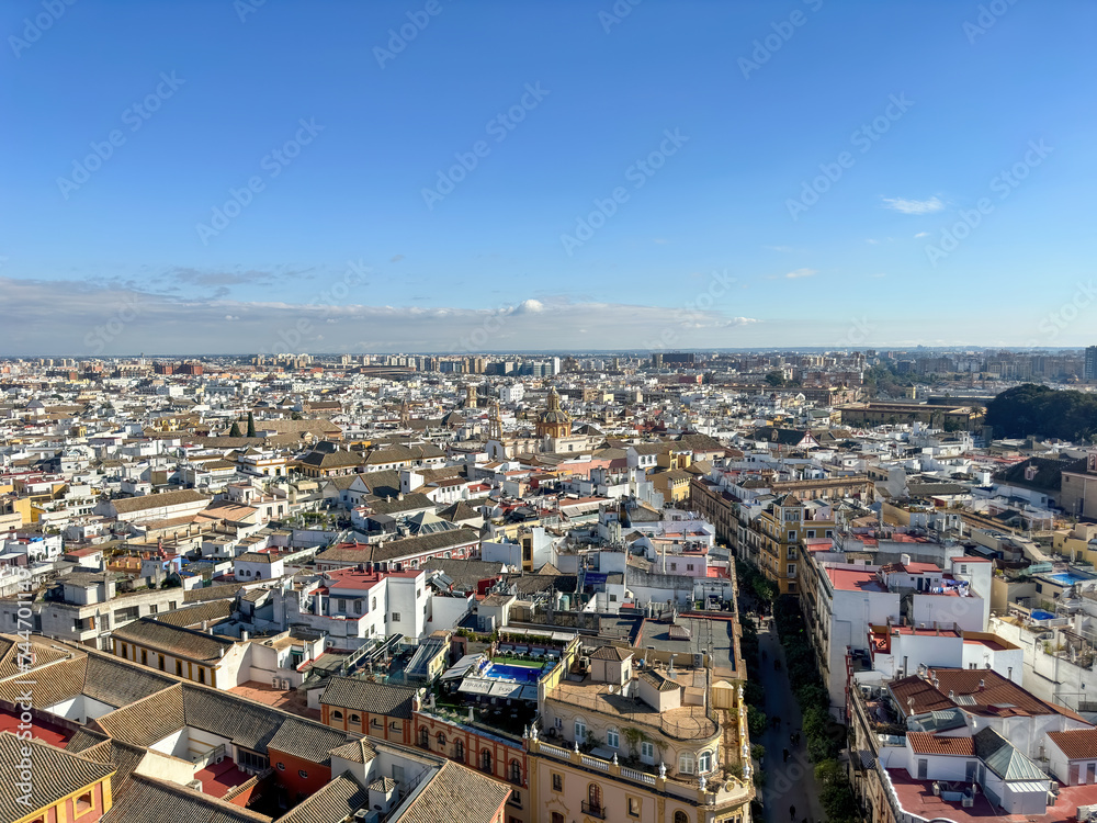 Aerial view of Seville cityscape and skyline, Spain