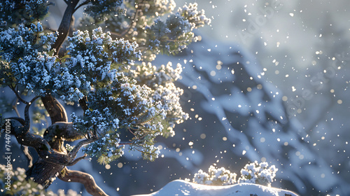 Juniper tree covered in snow during winter.