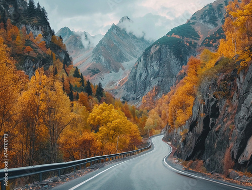 Scenic road trip through a mountain pass in autumn golden foliage framing the journey epitome of vacation exploration