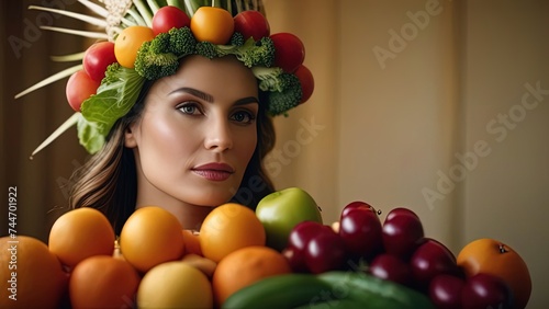 The beauty of a portrait of a woman wearing a crown of vegetables. healthy eating concept. vegetarianism