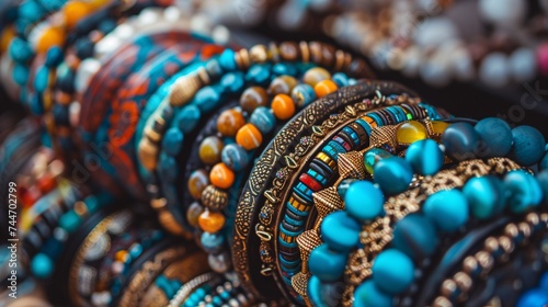 A zoomed-in shot of vibrant bracelets adorned with various gems. photo