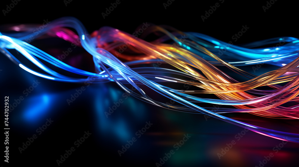 Abstract background of flowing colorful light fibers against a dark backdrop. - obrazy, fototapety, plakaty 