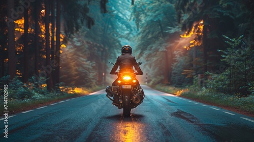 motorbike on the forest road riding. having fun driving the empty road on a motorcycle tour journey. 