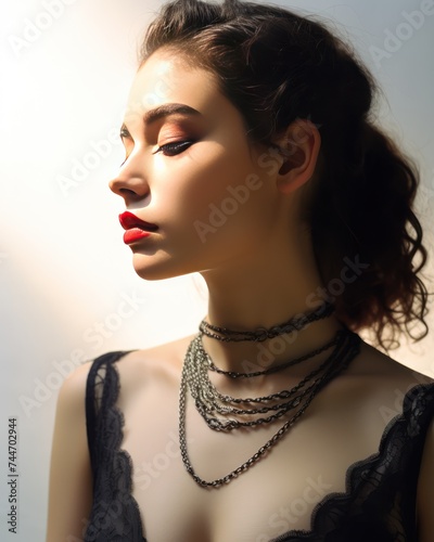 Turkish Prison Beauty Young Woman in Lace Bodysuit with Necklace and Chains photo