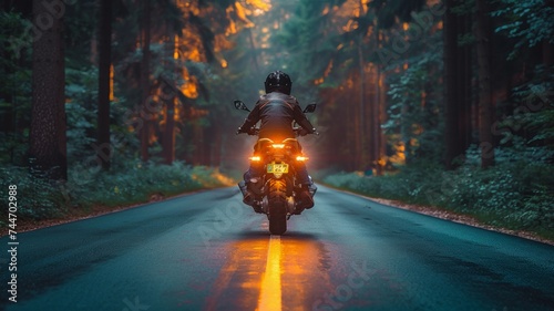 motorbike on the forest road riding. having fun driving the empty road on a motorcycle tour journey. 