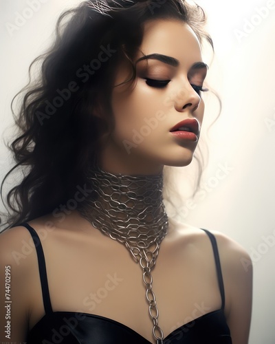 Turkish Prison Beauty Young Woman in Lace Bodysuit with Necklace and Chains photo