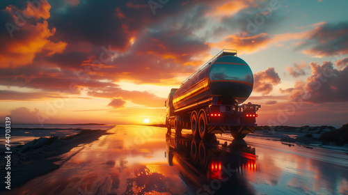  Rear view of big metal fuel tanker truck in motion shipping fuel to oil refinery against sunset sky.