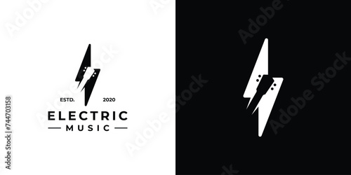 Creative Electric Music Logo. Lightning and Guitar Head with Minimalist Style. Musical Logo Icon Symbol Vector Design Template.