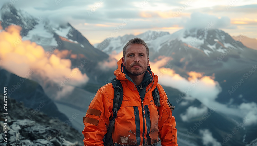 a male tourist in an orange jacket against the background of mountains