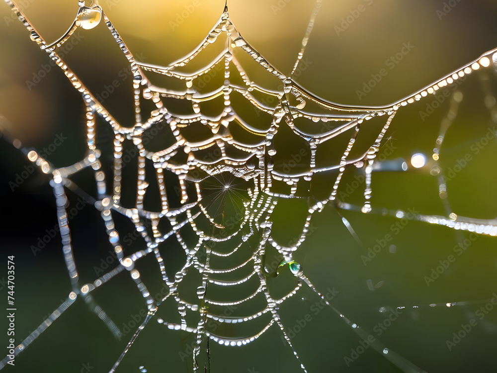 Naklejka premium A macro shot of dewdrops on a spiderweb, catching the morning light