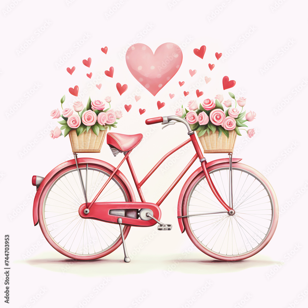 bicycle and heart, red bicycle and red rose illustration, flower, red heart shape, concept, valentines day
