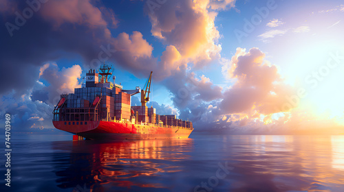 Cargo ship carrying containers in the sea, alone with morning light. Sea freight concept. photo