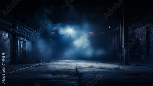 Mysterious foggy alley at night with dramatic lighting and urban grunge atmosphere.
