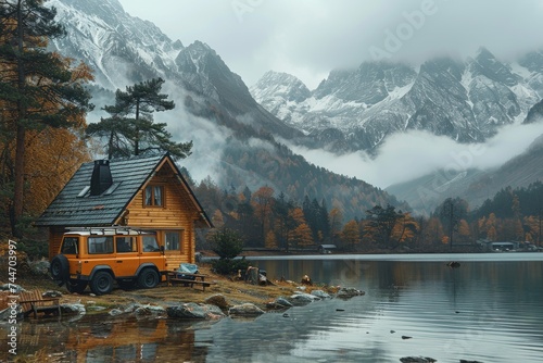 Perched on the tranquil waters, a mountain retreat awaits amidst the misty clouds and snowy peaks, surrounded by lush trees and the vastness of nature's beauty © familymedia