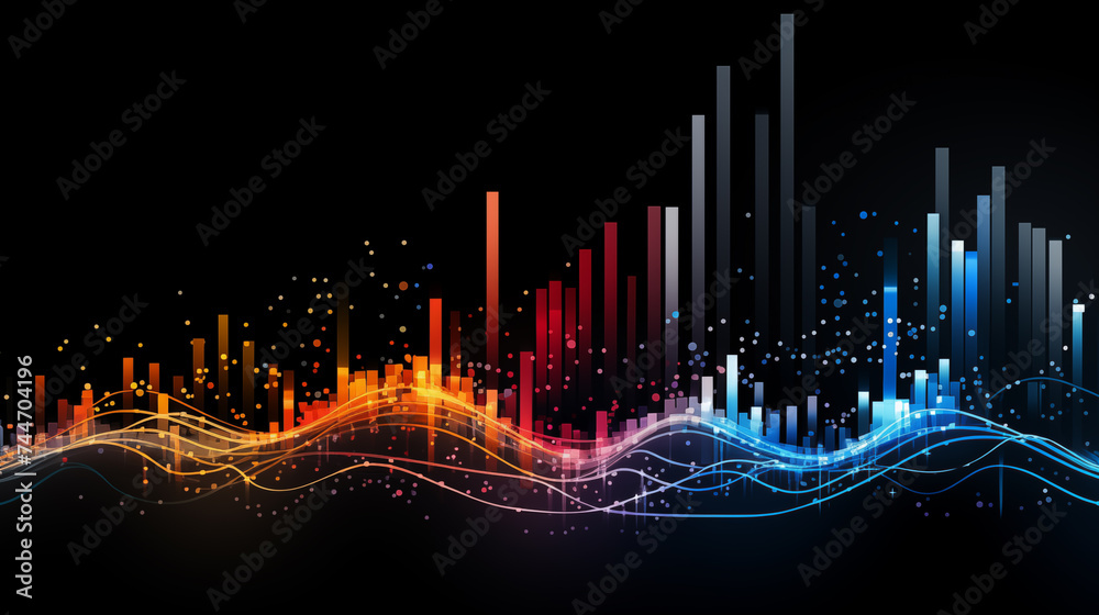 Abstract digital city skyline with colorful light trails and geometric elements on a dark background.