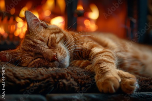 A cozy domestic cat lies peacefully by the warm fireplace, its orange fur illuminated by the flickering flames as it sleeps soundly on a soft blanket photo