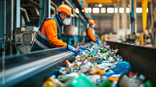 Group of Men Near Conveyor Belt Filled With Waste at Garbage Processing Plant