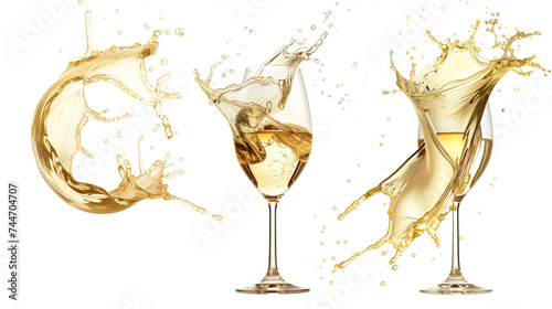 Set of Swirl and splash of white wine, isolated on white background