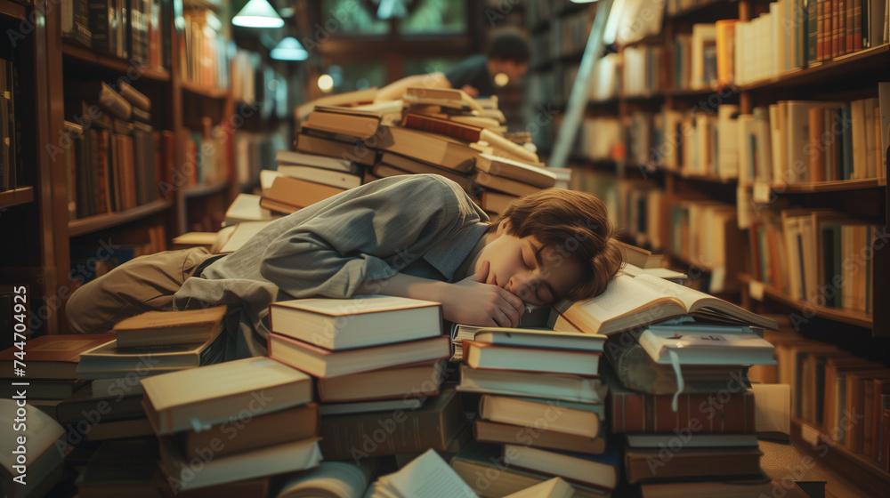 Tired student fall asleep on a pile of books in a library Tired student fall asleep on a pile of books in a library