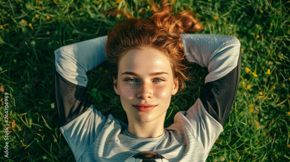 A young lady holding a sphere reclines on the turf. She is an enthusiast of soccer. A young lady holding a sphere reclines on the turf. She is an enthusiast of soccer.