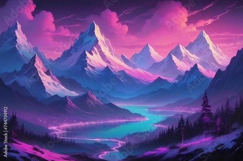pink sunrise in the mountains, Majestic Mountain Landscape: Tranquil River Winds Through Peaks 