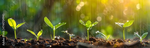 banner Close up of young plants green seedling growing in fertile soil representing concept of eco friendly business and environmental development