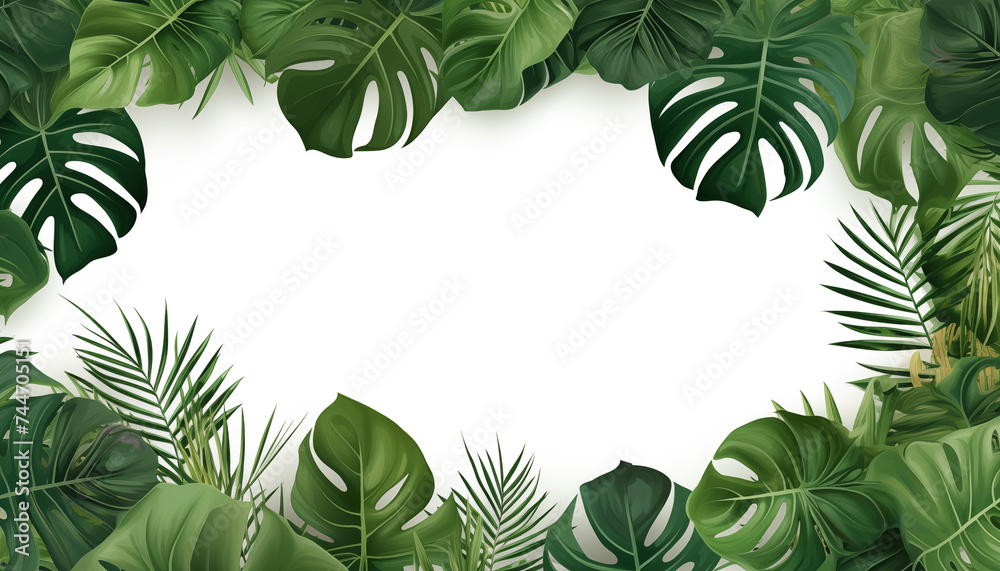 Tropical leaves nature frame layout of Monstera, isolated, white background