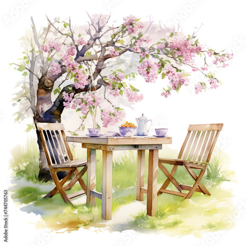 table and pair of chairs under pink blossom tree watercolor illustration generative AI