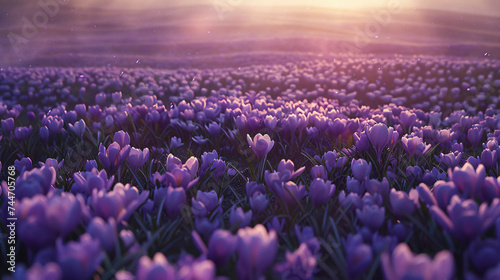 a vast field of Crocus flowers in early spring.