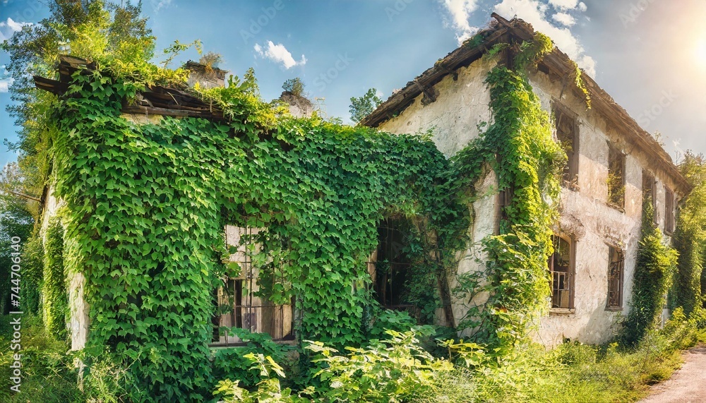 creeper plants covering abandoned building in summer town