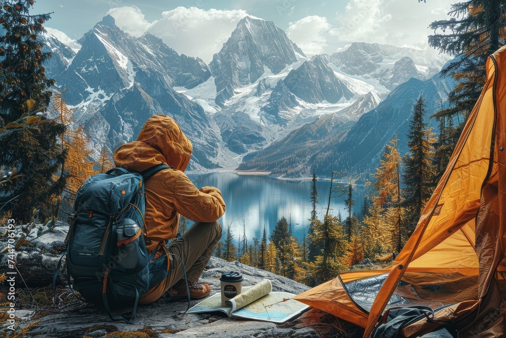 A solitary figure sits on a rocky perch, gazing at the serene lake below, surrounded by towering trees and the vast expanse of winter's snowy embrace, their hiking equipment and tent at the ready for