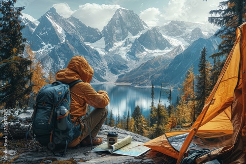 A solitary figure sits on a rocky perch, gazing at the serene lake below, surrounded by towering trees and the vast expanse of winter's snowy embrace, their hiking equipment and tent at the ready for