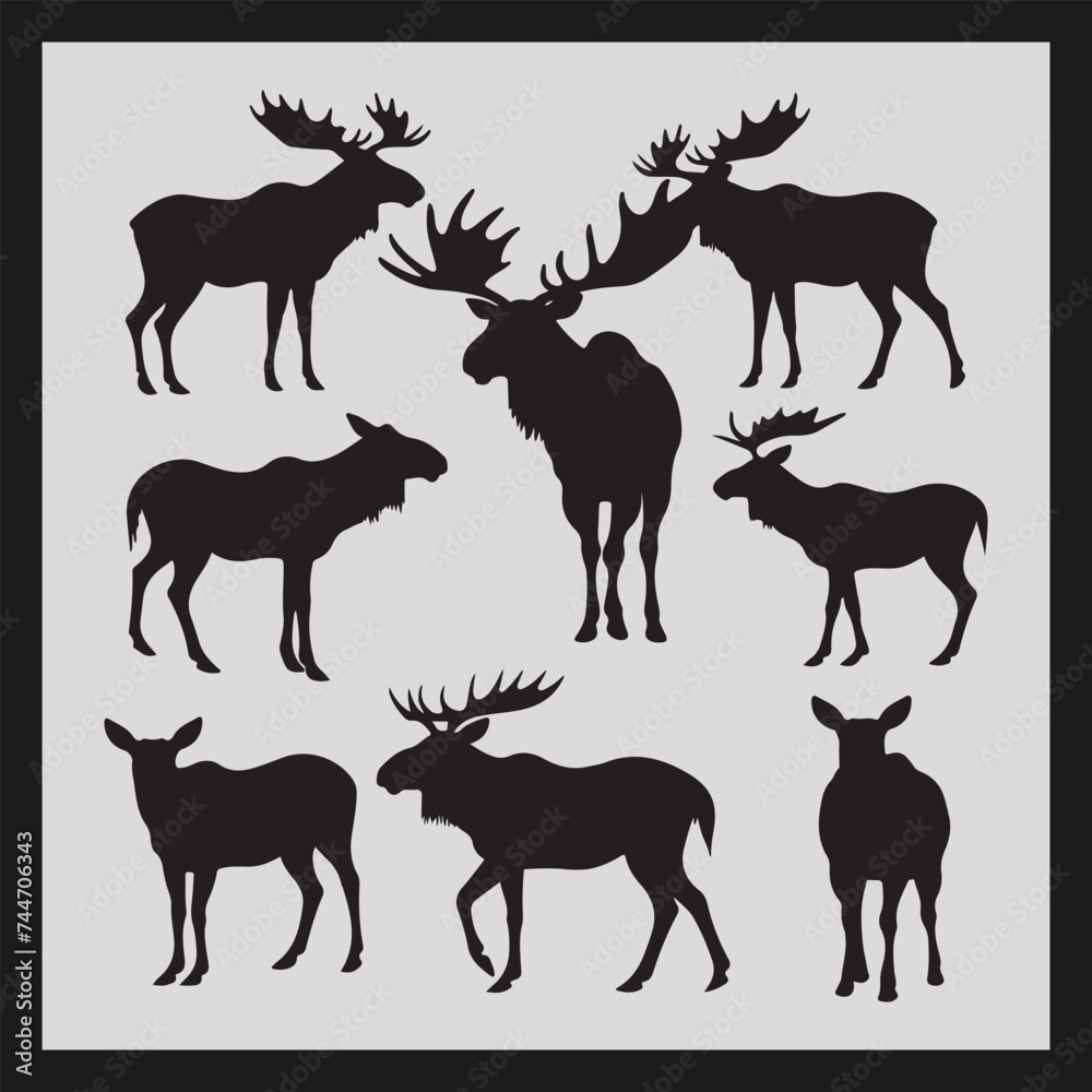 Moose silhouette set Clipart on a hex color background