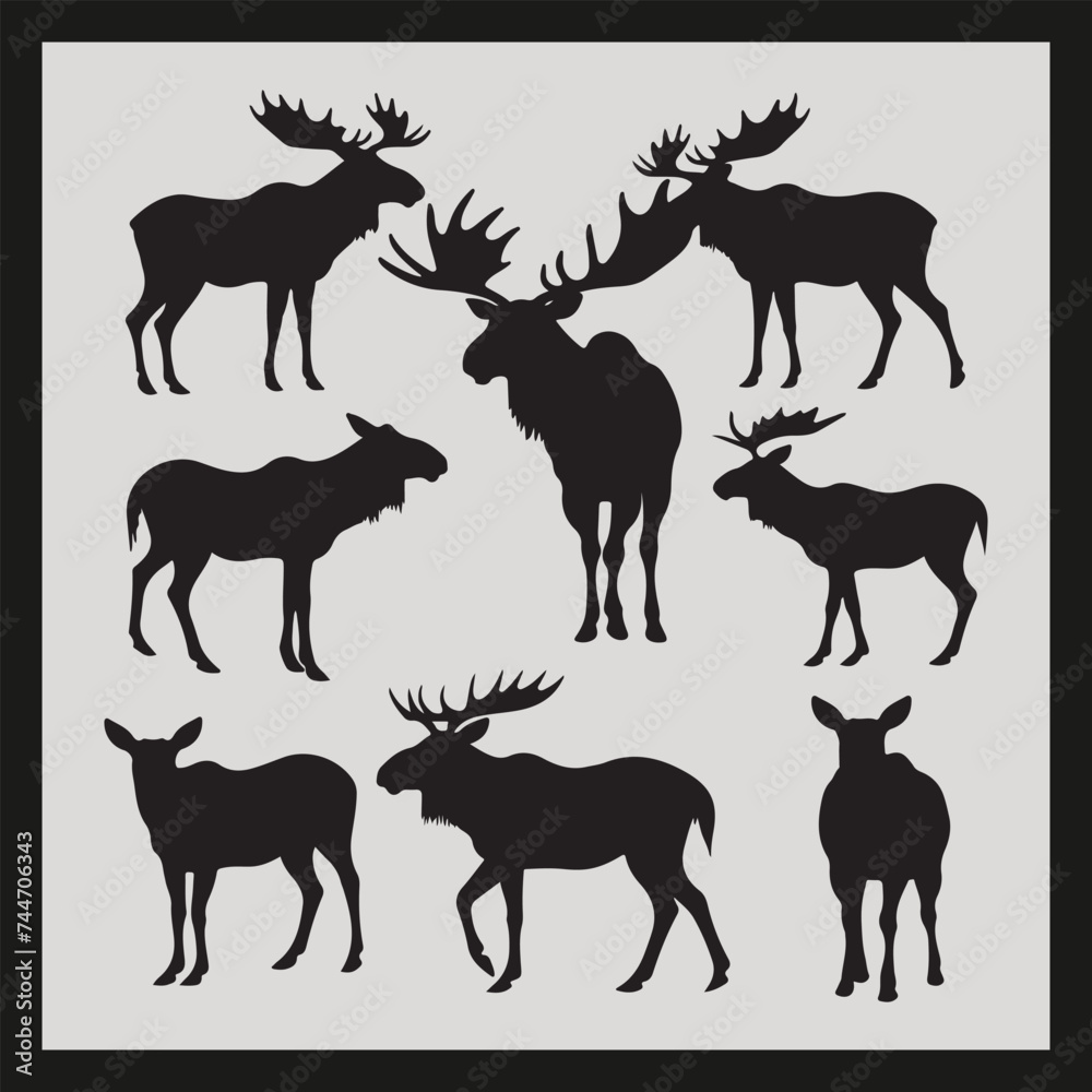 Moose silhouette set Clipart on a hex color background Moose silhouette set Clipart on a hex color background