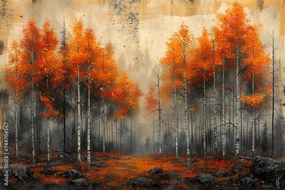 A vibrant autumnal masterpiece capturing the beauty of a forest ablaze with fiery orange leaves