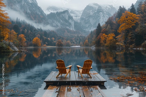 Amidst the peacefulness of an autumn landscape, two chairs sit on a dock overlooking a fog-covered lake, offering a serene spot to sit and reflect on the majestic mountain and vibrant trees surroundi