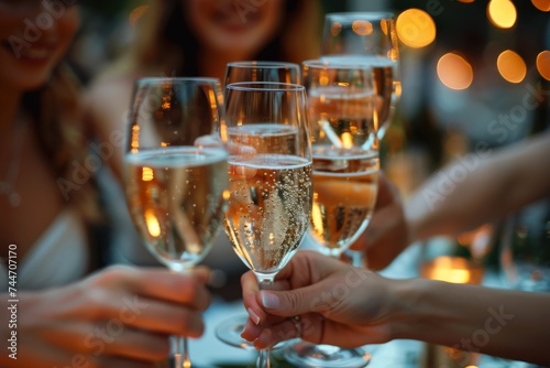 Cheers to a celebratory night as a diverse group of friends clink their elegant champagne glasses, smiling with excitement and savoring the taste of their alcoholic beverages in the atmospheric bar s
