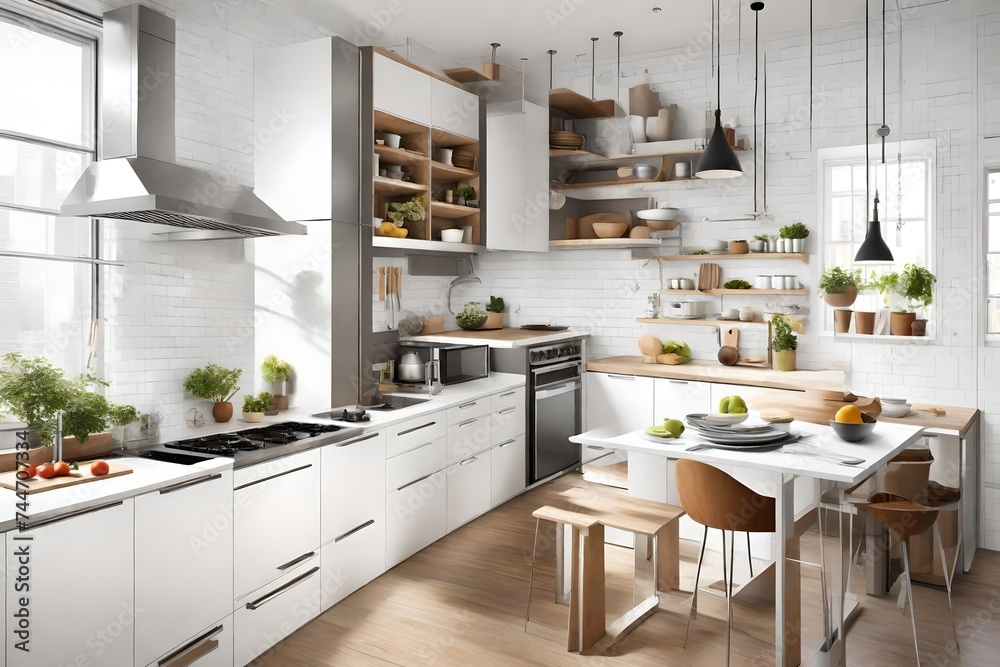 A small-space kitchen with smart storage solutions, compact appliances, and a stylish breakfast nook. Efficient design for modern living - obrazy, fototapety, plakaty 
