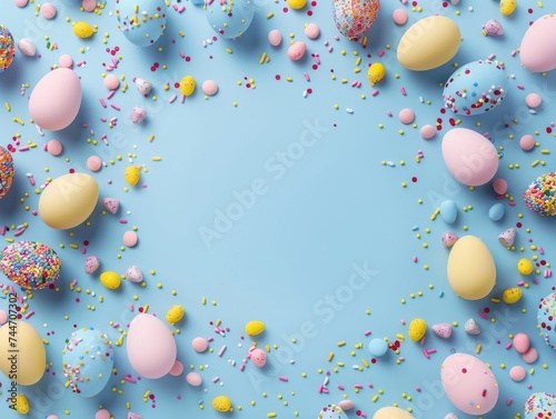 Top view photo of yellow pink blue easter eggs and sprinkles on isolated pastel blue background with blank space in the middle