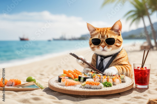 Funny striped cat with sunglasses and necktie holding chopsticks, eating huge plate of sushi on sunny summer day on the beach with the sea and palms in the background, copy space for text