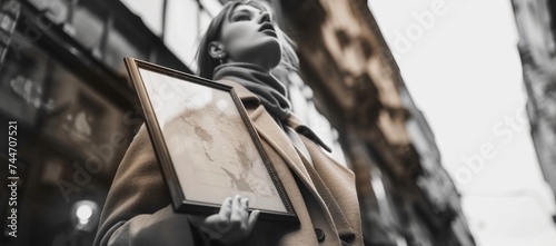 Monochrome Woman Holding Painting.A girl in the city with a framed picture. Black and white art