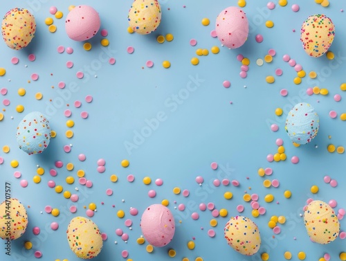 Top view photo of yellow pink blue easter eggs and sprinkles on isolated pastel blue background with blank space in the middle